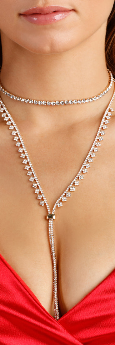 Glam Statement Rhinestone Lariat Layered Necklace for 2022 festival outfits, festival dress, outfits for raves, concert outfits, and/or club outfits