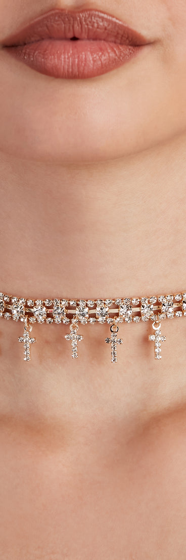 Rhinestone Cross Charm Choker Necklace for 2022 festival outfits, festival dress, outfits for raves, concert outfits, and/or club outfits