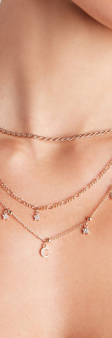 Cool-Girl Chic Celestial Charm Necklace is a fire pick to create 2023 festival outfits, concert dresses, outfits for raves, or to complete your best party outfits or clubwear!