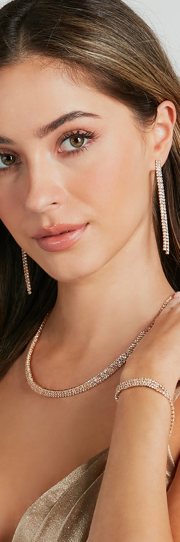 Shimmering Rhinestone Necklace, Earrings, And Bracelet Set