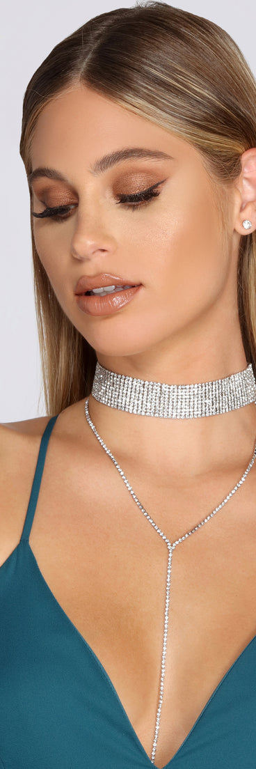 Silver Rhinestone Choker and Rhinestone Earrings Studs Set with Detachable Rhinestone Lariat