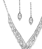 Teardrop and V-shape Design on Silver Rhinestone Earring and V-shaped Necklace Set