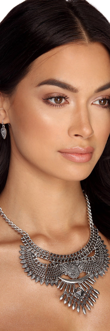 Bold Wing Metal Bib Necklace And Earrings for 2022 festival outfits, festival dress, outfits for raves, concert outfits, and/or club outfits