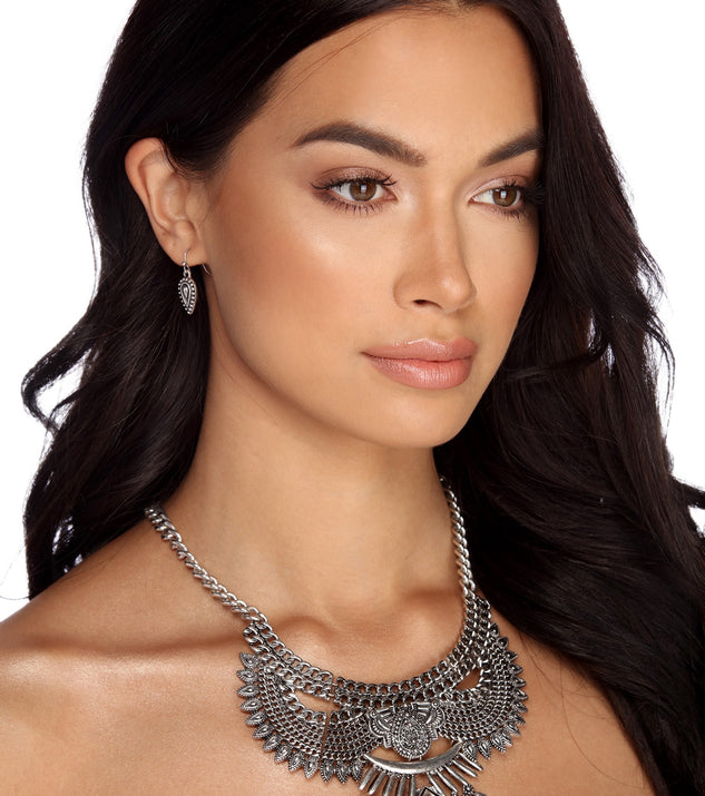 Bold Wing Metal Bib Necklace And Earrings for 2022 festival outfits, festival dress, outfits for raves, concert outfits, and/or club outfits
