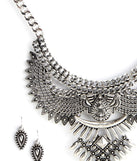 Bold Wing Metal Bib Necklace And Earrings for 2022 festival outfits, festival dress, outfits for raves, concert outfits, and/or club outfits