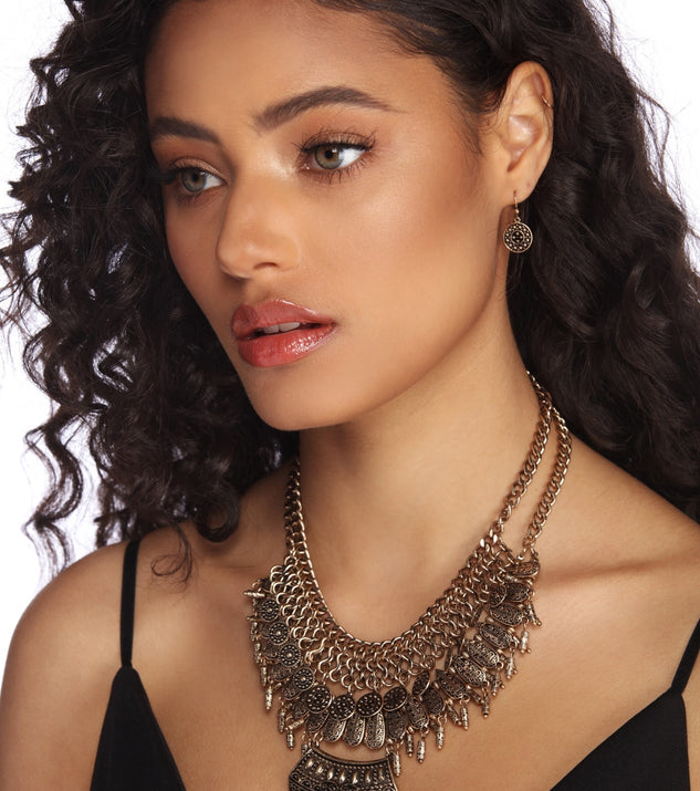 Boho Coin Pendants Bib Necklace And Earrings is a trendy pick to create 2023 festival outfits, festival dresses, outfits for concerts or raves, and complete your best party outfits!
