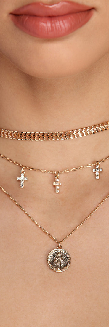 Embellished Cross And Coin Necklace is a trendy pick to create 2023 festival outfits, festival dresses, outfits for concerts or raves, and complete your best party outfits!