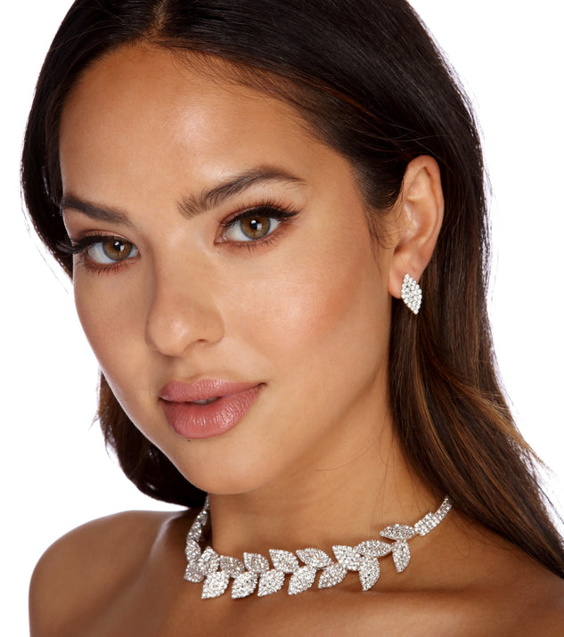 Rhinestone Leaf Collar And Stud Earrings for 2022 festival outfits, festival dress, outfits for raves, concert outfits, and/or club outfits