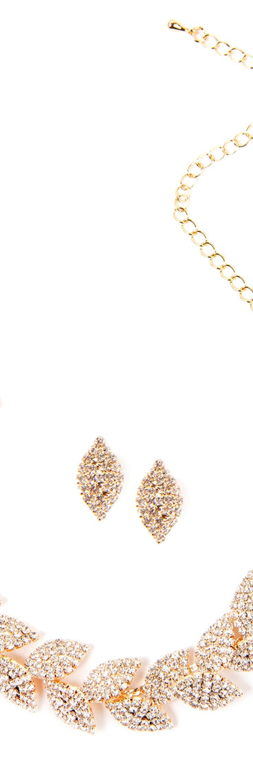 Rhinestone Leaf Collar And Stud Earrings for 2022 festival outfits, festival dress, outfits for raves, concert outfits, and/or club outfits