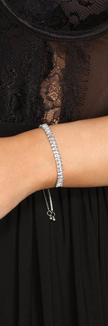 Cubic Zirconia Baguette Bolo Bracelet is a stunning choice for a bridesmaid dress or maid of honor dress, and to feel beautiful at Homecoming 2023, fall or winter weddings, formals, & military balls!