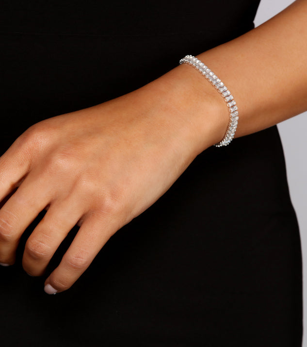 Charming Cubic Zirconia Baguette Bracelet is a stunning choice for a bridesmaid dress or maid of honor dress, and to feel beautiful at Homecoming 2023, fall or winter weddings, formals, & military balls!