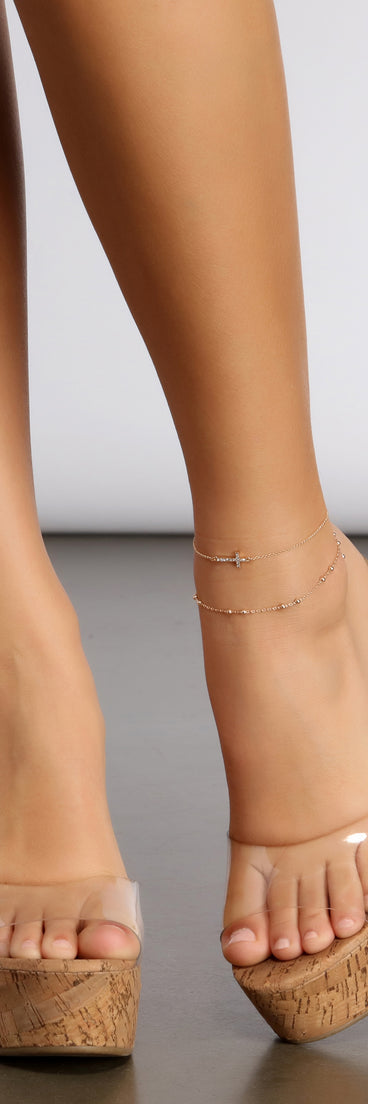 Two Pack Rhinestone Cross And Beaded Anklet Set