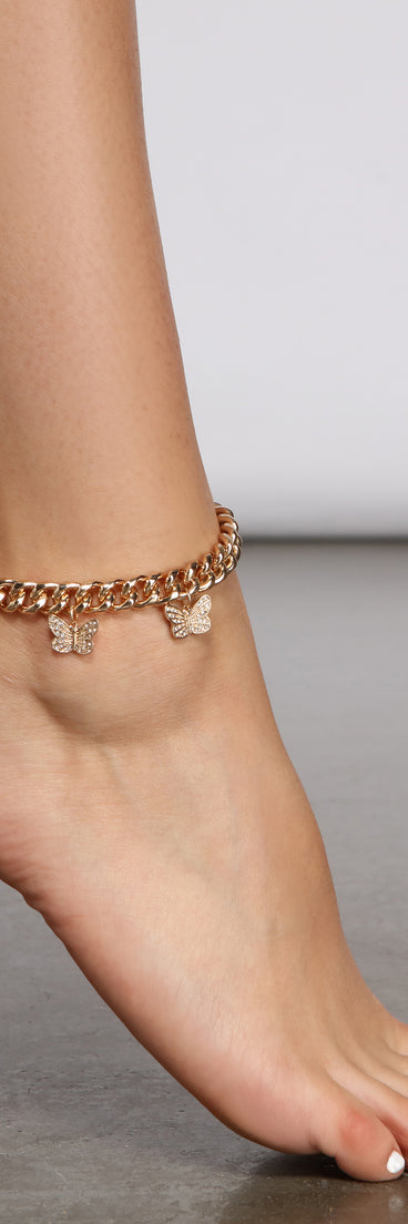 Rhinestone Butterfly Charm Chain Link Anklet
