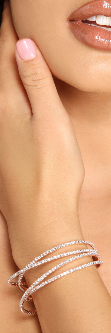 Dazzling Glam Memory Wire Rhinestone Cuff is a stunning choice for a bridesmaid dress or maid of honor dress, and to feel beautiful at Homecoming 2023, fall or winter weddings, formals, & military balls!