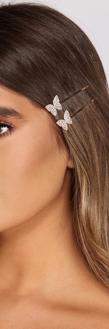 Two Pack Rhinestone Butterfly Bobby Pins is a trendy pick to create 2023 festival outfits, festival dresses, outfits for concerts or raves, and complete your best party outfits!