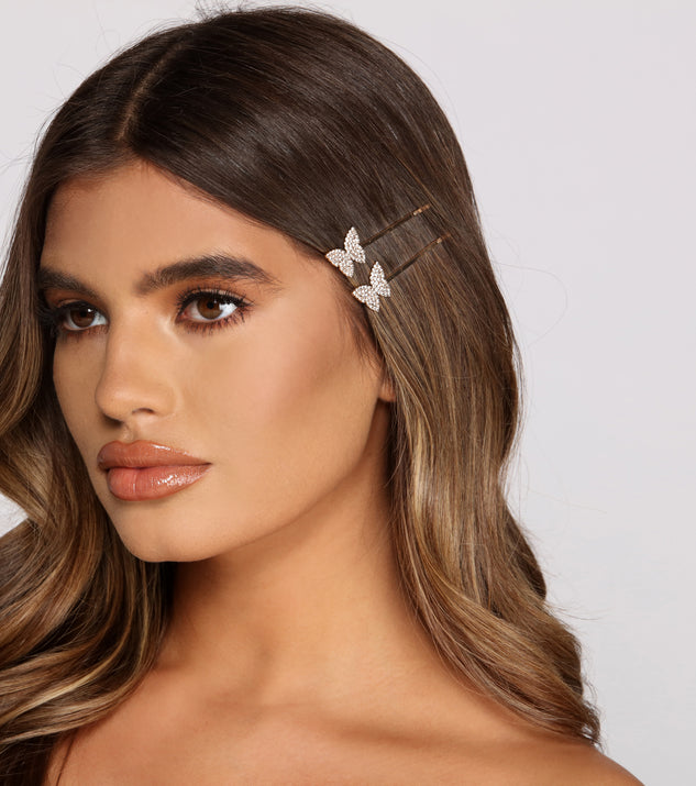 Two Pack Rhinestone Butterfly Bobby Pins is a trendy pick to create 2023 festival outfits, festival dresses, outfits for concerts or raves, and complete your best party outfits!