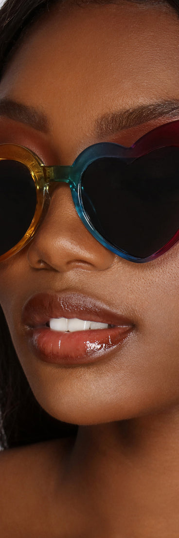 Juicy Rainbow Heart Shaped Sunglasses is a trendy pick to create 2023 festival outfits, festival dresses, outfits for concerts or raves, and complete your best party outfits!