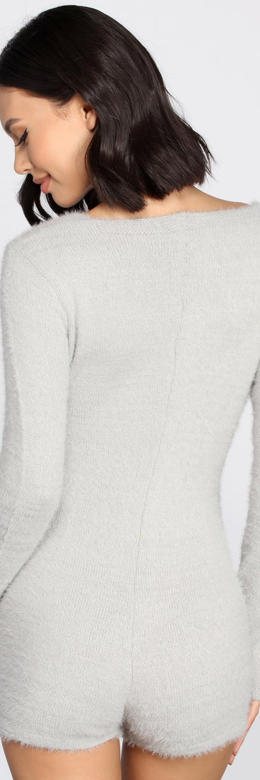 Cozy Eyelash Knit PJ Romper for 2023 festival outfits, festival dress, outfits for raves, concert outfits, and/or club outfits