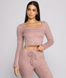 You’ll look stunning in the Long Sleeve Eyelash Knit Pajama Top when paired with its matching separate to create a glam clothing set perfect for parties, date nights, concert outfits, back-to-school attire, or for any summer event!