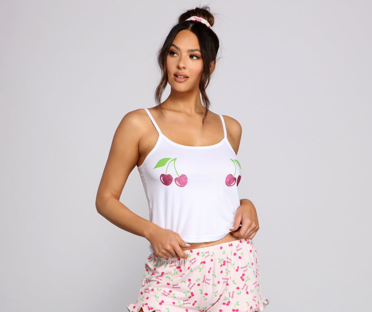 Cherry Charm Tank With Shorts And Scrunchie Set