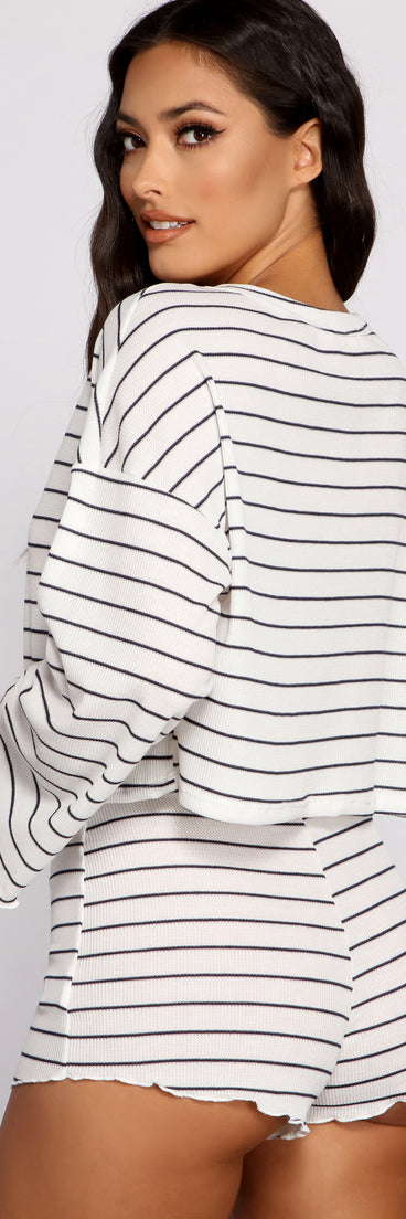 You’ll look stunning in the Long Sleeve Stripped Pajama Top when paired with its matching separate to create a glam clothing set perfect for parties, date nights, concert outfits, back-to-school attire, or for any summer event!
