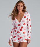 Bedtime Kiss Lip Print Pajama Romper provides essential lift and support for creating your best summer outfits of the season for 2023!
