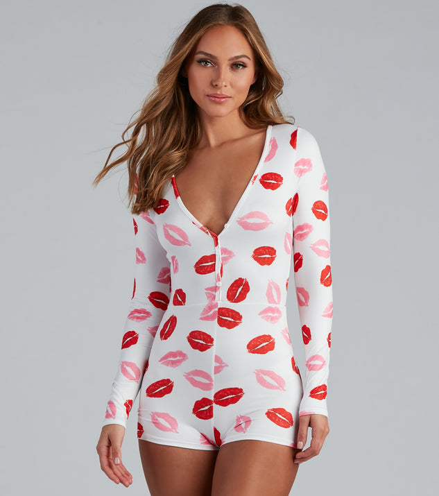 Kiss Kiss Lip Print Pajama Romper provides a stylish start to creating your best summer outfits of the season with on-trend details for 2023!