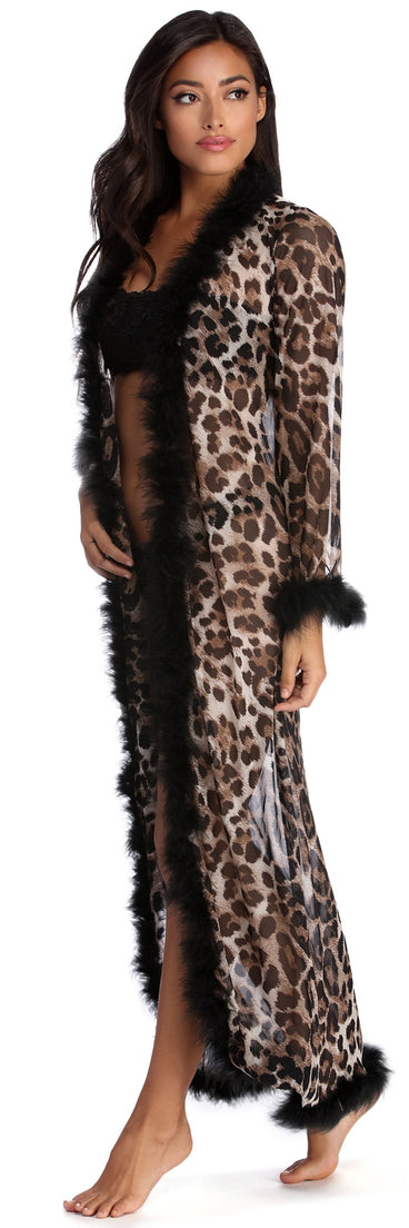 mesh dressing gown with fur trim Chic And Sheer Leopard Mesh Robe