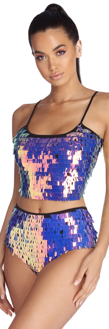 Iridescent Glow Sequin Fringe Cami for 2022 festival outfits, festival dress, outfits for raves, concert outfits, and/or club outfits
