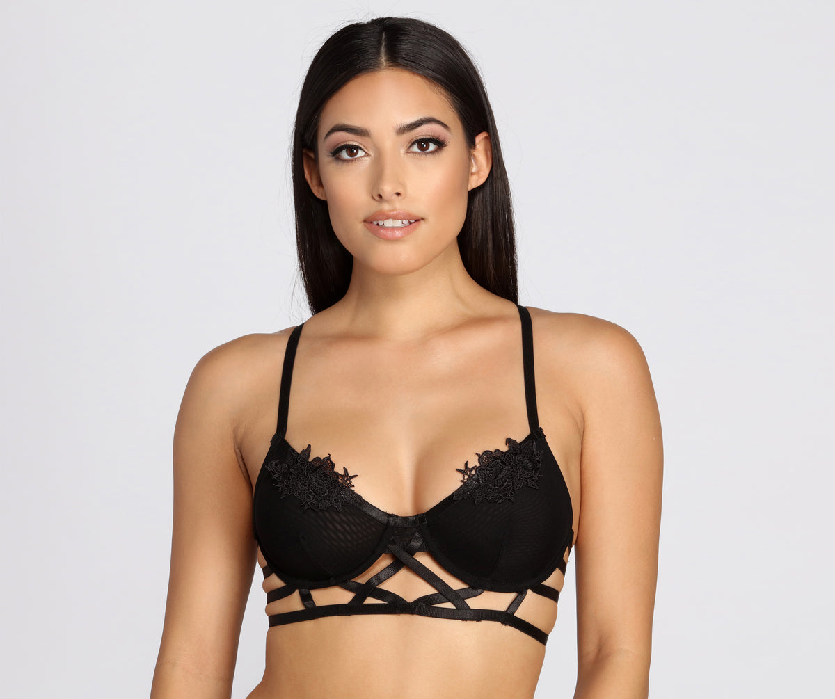 Lace Strappy Bralette, Cage Bra, See Through Lingerie, Floral