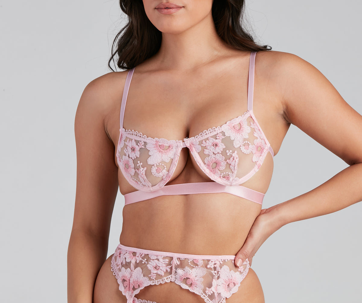 Mesh Bralette, Panty And Garter Belt