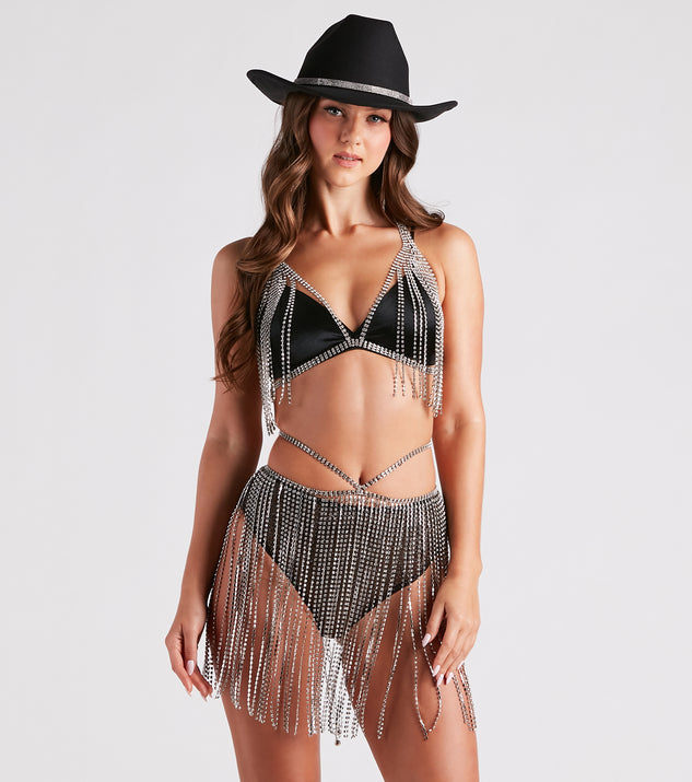 Forever Glam Rhinestone Fringe Halter Bra is a fire pick to create 2023 festival outfits, concert dresses, outfits for raves, or to complete your best party outfits or clubwear!