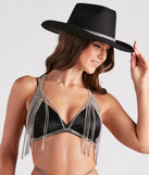 Forever Glam Rhinestone Fringe Halter Bra is a fire pick to create 2023 festival outfits, concert dresses, outfits for raves, or to complete your best party outfits or clubwear!