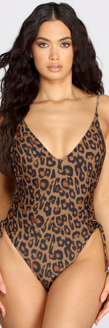 Wild Life Leopard Ruched Swimsuit for 2022 festival outfits, festival dress, outfits for raves, concert outfits, and/or club outfits