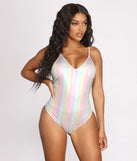 Rainbow Shimmer Iridescent One Piece Swimsuit is a trendy pick to create 2023 festival outfits, festival dresses, outfits for concerts or raves, and complete your best party outfits!
