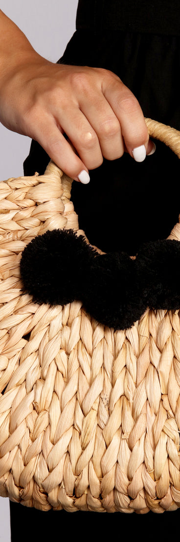 Pom Pom Straw Tote Bag
