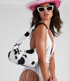 Cow Print Faux Fur Shoulder Bag is a trendy pick to create 2023 festival outfits, festival dresses, outfits for concerts or raves, and complete your best party outfits!