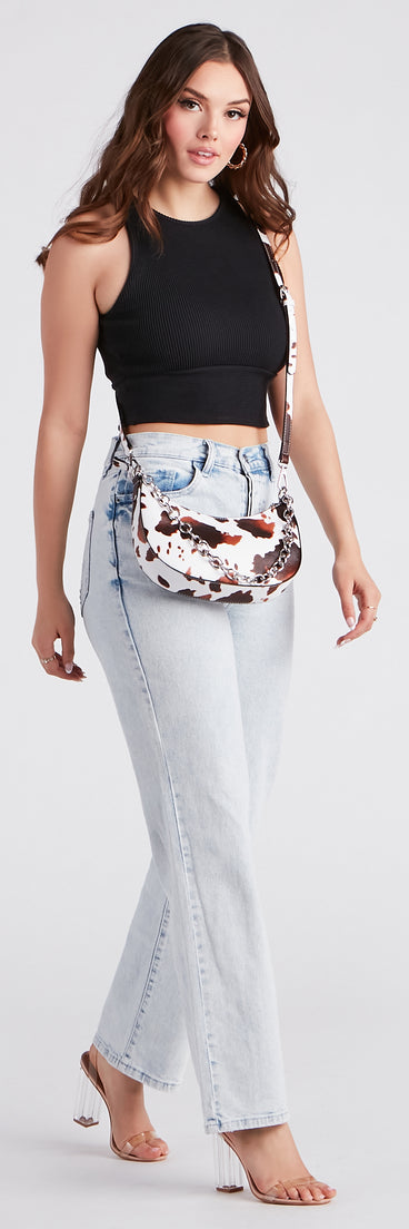 Greener Pastures Cow Print Shoulder Bag is a fire pick to create 2023 festival outfits, concert dresses, outfits for raves, or to complete your best party outfits or clubwear!