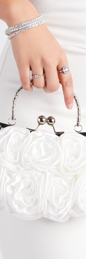 Chic Romance Satin Rose Handbag with on-trend details provides a stylish start to creating your graduation outfit for the 2024 Commencement or grad party!