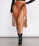 Rockin' Hun' Faux Leather Fringe Belted Skirt is a trendy pick to create 2023 festival outfits, festival dresses, outfits for concerts or raves, and complete your best party outfits!