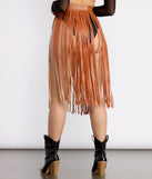 Rockin' Hun' Faux Leather Fringe Belted Skirt is a trendy pick to create 2023 festival outfits, festival dresses, outfits for concerts or raves, and complete your best party outfits!