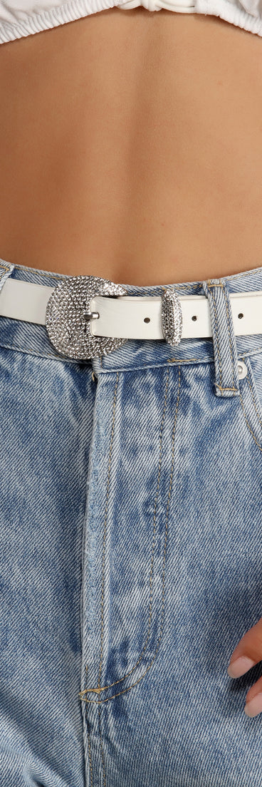 Rhinestone Oval Buckle Faux Leather Belt for 2022 festival outfits, festival dress, outfits for raves, concert outfits, and/or club outfits