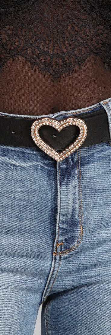 Rhinestone Heart Buckle Faux Leather Belt for 2022 festival outfits, festival dress, outfits for raves, concert outfits, and/or club outfits