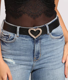 Rhinestone Heart Buckle Faux Leather Belt for 2022 festival outfits, festival dress, outfits for raves, concert outfits, and/or club outfits