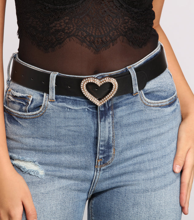 Rhinestone Heart Buckle Faux Leather Belt for 2022 festival outfits, festival dress, outfits for raves, concert outfits, and/or club outfits