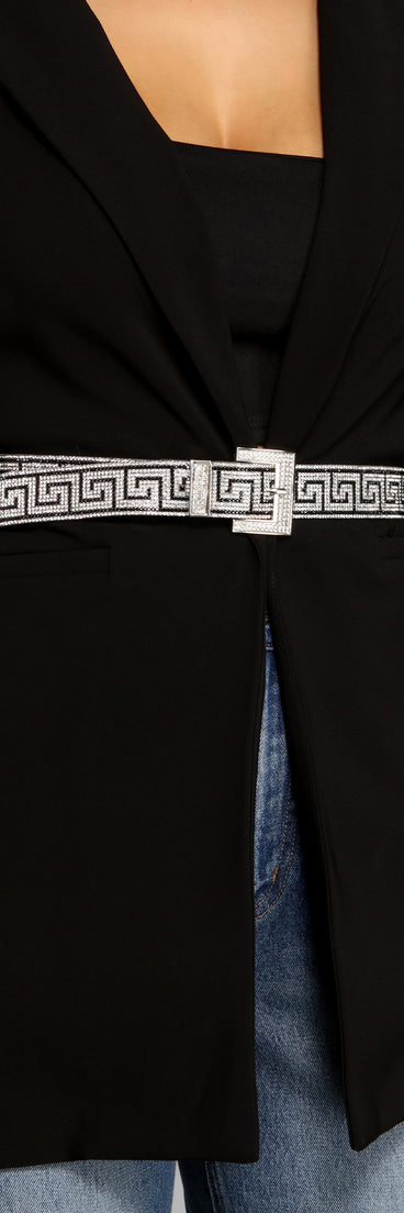 Glam Greek Key Rhinestone Belt for 2022 festival outfits, festival dress, outfits for raves, concert outfits, and/or club outfits