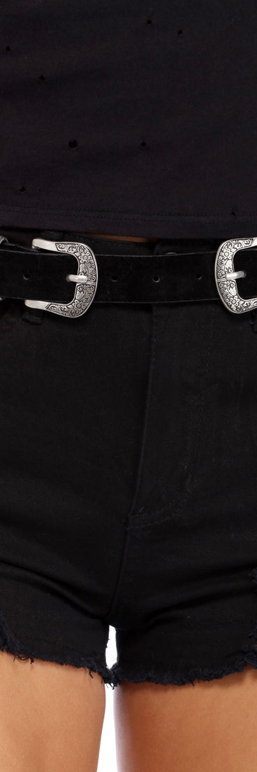 Black Etched Double Buckle Belt for 2022 festival outfits, festival dress, outfits for raves, concert outfits, and/or club outfits