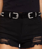 Black Etched Double Buckle Belt for 2022 festival outfits, festival dress, outfits for raves, concert outfits, and/or club outfits