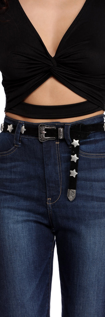 Black Star Studded Faux Leather Belt for 2022 festival outfits, festival dress, outfits for raves, concert outfits, and/or club outfits