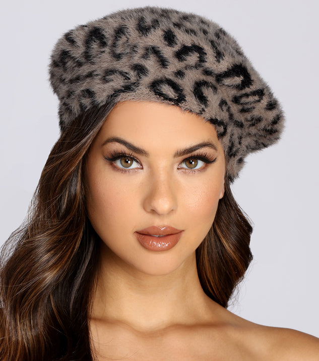 Leopard Print Fuzzy Beret for 2022 festival outfits, festival dress, outfits for raves, concert outfits, and/or club outfits